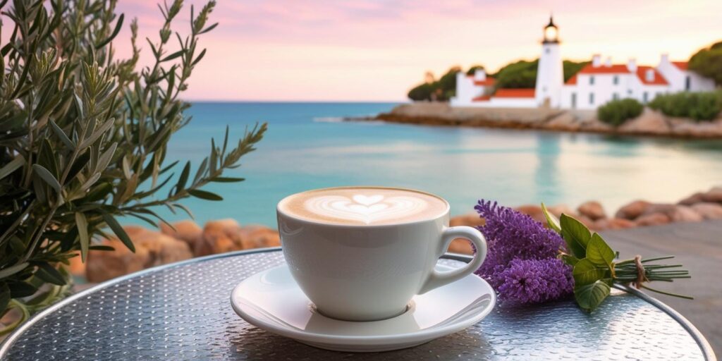 a cup of coffee on a table with lavender flowers and a lighthouse in the background
